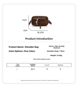 Guide des tailles pour sac bandoulière en daim avec dimensions 20,5x11x4cm et détails