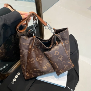 Large Capacity PU Leather Tote Handbag With Letter Print And Small Pouch Retro Casual Fashion Shoulder Bag For Women