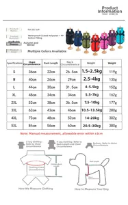 Detailed size chart for thick warm winter dog vest with S to 5XL measurement guide