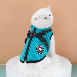 Lake blue quilted dog vest with integrated harness D-ring and zipper closure
