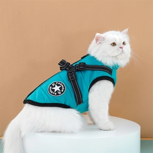Detail of teal quilted pet vest featuring integrated harness D-rings and star logo