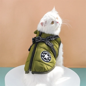 Quilted warm dog vest in army green with harness straps for small pets in winter