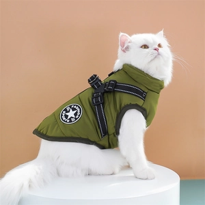 Detail of green waterproof pet vest featuring adjustable harness straps and safety buckles