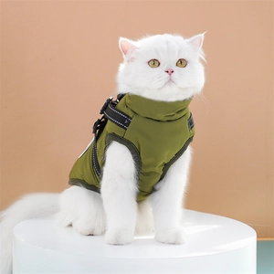 Close-up of olive green dog winter vest featuring reflective straps and safety buckle
