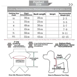 Detailed size chart for winter pet clothing showing measurements from XS to XXL for small dogs