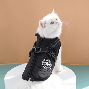 Detail of black waterproof dog puffer vest with built-in harness and zipper closure