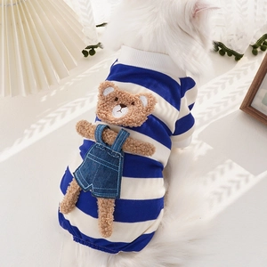Blue and white striped pet bodysuit with cute 3D plush bear for small dogs and cats