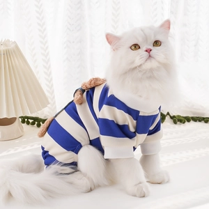 Blue and white striped pet sweater with cute brown plush bear detail for cats and small dogs