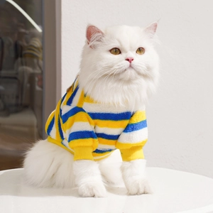 Close-up of a warm striped fleece cat sweater featuring yellow, blue, and white patterns