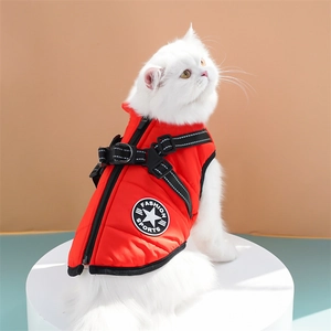 Waterproof red dog vest with reflective stripes and adjustable harness for winter warmth