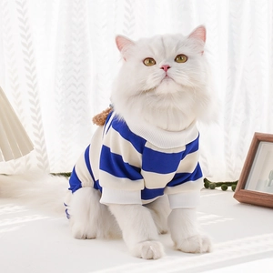 Blue and white striped pet sweater with brown bear patch for small dogs and cats