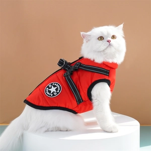 Detail of red windproof dog vest with black harness straps and metal D-ring for leash attachment