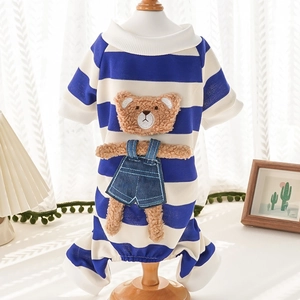 Detail of pet pajamas with blue striped knit fabric and a 3D plush teddy bear patch
