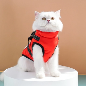 Close-up of red insulated pet vest with black adjustable harness on a white long-haired cat