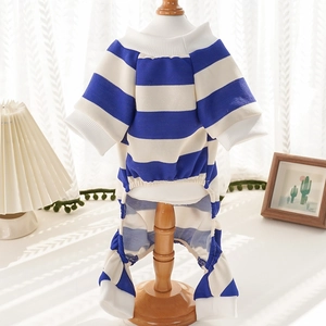 Blue and white striped cotton pet pajamas displayed on a wooden mannequin stand