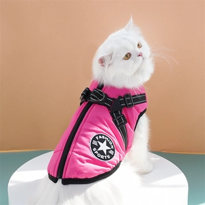 Thick warm rose red dog vest with built-in harness and metal D-rings for winter