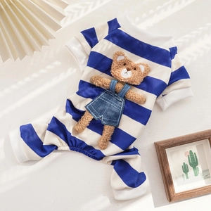 Detail of blue striped pet onesie with a 3D plush bear patch and ribbed cuffs for small dogs