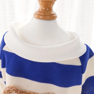 Close-up of blue and white striped knit pet sweater with ribbed crew neck and soft texture