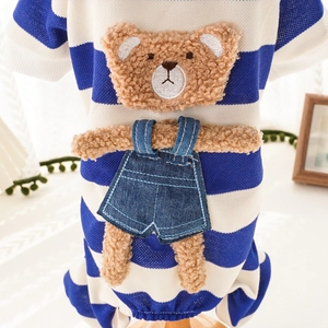 Detailed waffle texture and 3D teddy bear patch on striped pet jumpsuit for small dogs