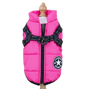 Pink waterproof dog winter jacket featuring integrated harness with adjustable straps and D-rings