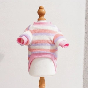 Detail of soft striped plush pet sweater with ribbed cuffs on a white model