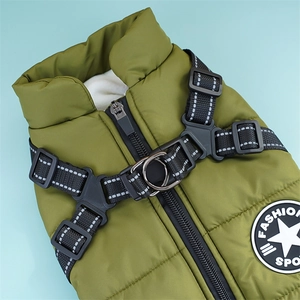 Close-up of olive green dog vest featuring built-in harness, zipper and D-ring