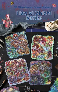 Detailed 3D layered stickers with Chinese horror folklore theme on dark wood surface