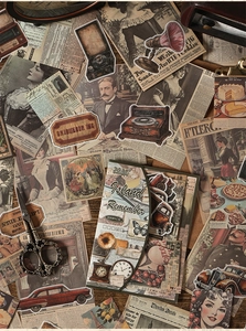 Flat lay of 200pcs vintage aesthetic junk journal stickers with retro paper elements