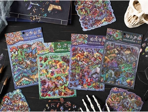 Detail of 3D miniature stickers featuring folklore ghosts and haunted scenery on black wood