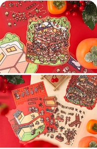 3D Chinese New Year stickers with cute ox, lanterns and fireworks on red background