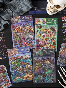 Macro detail of 3D Chinese ghost story stickers with Halloween style decorative props