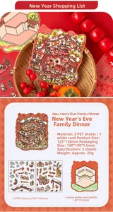 Detail of 3D New Year cat stickers with festive lanterns and dinner scene patterns