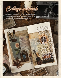 Close-up of vintage collage notebook with botanical and antique ephemera on wood