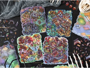 Detailed view of 3D horror themed isometric scene stickers with Gothic props background