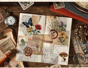 Detail of vintage aesthetic collage stickers featuring roses, butterflies, and old newsprint