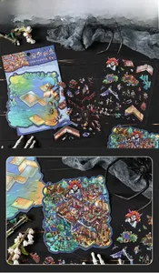 Macro detail of 3D PET stickers with mystical folklore themes and scenic backdrops