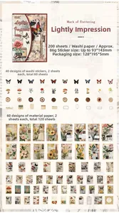 Grille détaillée de 200 autocollants washi vintage et papiers décoratifs de scrapbooking