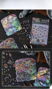 Detail of 3D Chinese fantasy stickers with laser reflective effect and 3-piece set display