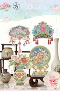 Macro shot of 3D Chinese vintage stickers featuring traditional fans and floral vases