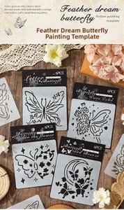 Detailed view of 6pcs butterfly hollow painting stencils on a vintage wooden desk