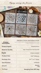 Set of 6 translucent PET butterfly and flower stencils with packaging specifications