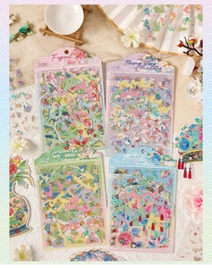 Macro detail of Chinese floral 3D embossed stickers with gold foil and traditional art style