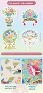 Detail of Chinese style DIY stickers featuring antique vases and phoenix crowns
