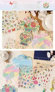 Close-up of Chinese style DIY floral stickers set with vintage decorative paper patterns