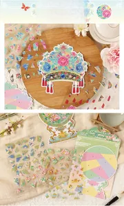Detail of Luminous Cloud Brocade stickers with traditional Chinese phoenix crown designs
