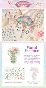 Detailed PET decorative stickers featuring 3D lotus and folding fan designs for DIY crafts