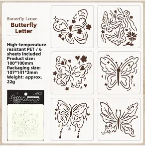 Detailed specs for 6pcs butterfly stencils made of PET, measuring 100x100mm for DIY painting