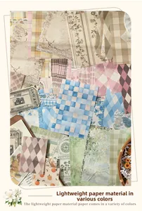 Flat lay of retro lightweight paper stickers with plaid and floral patterns for DIY scrapbooking