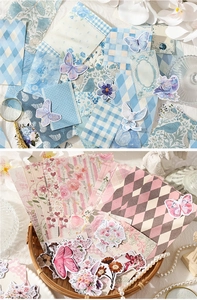 Macro view of vintage junk journal scrapbooking kit with butterfly and floral stickers