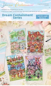 Macro-detail van droomscène-stickers met Europese straten en fantasierijke kastelen